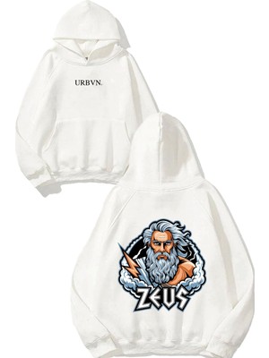 Urbvn Zeus Face Tasarım Baskılı Oversize Beyaz Kapüşonlu Sweatshirt