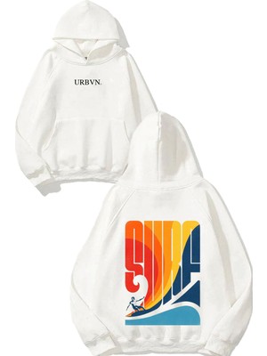 Urbvn Surf Dalga Tasarım Baskılı Oversize Beyaz Kapüşonlu Sweatshirt