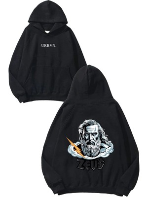 Urbvn Zeus Storm Tasarım Baskılı Oversize Siyah Kapüşonlu Sweatshirt