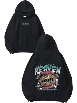 Urbvn Heaven Records Tasarım Baskılı Oversize Siyah Kapüşonlu Sweatshirt