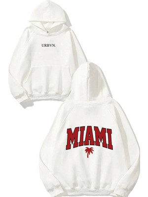 Urbvn Miami Palm Tasarım Baskılı Oversize Beyaz Kapüşonlu Sweatshirt