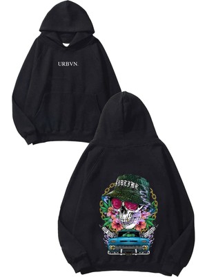 Urbvn Hat Skull Car Tasarım Baskılı Oversize Siyah Kapüşonlu Sweatshirt