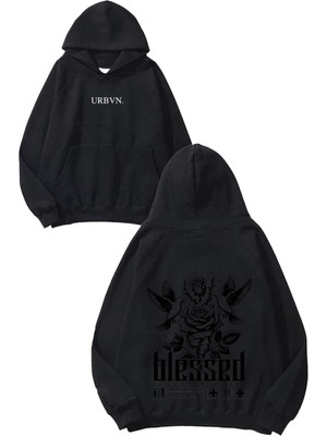 Urbvn Blessed Beyond Tasarım Baskılı Oversize Siyah Kapüşonlu Sweatshirt