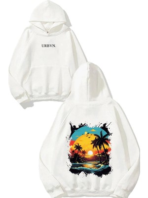 Urbvn Sunset Palms Tasarım Baskılı Oversize Beyaz Kapüşonlu Sweatshirt