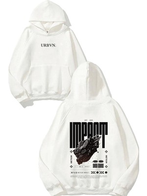 Urbvn Impact Tasarım Baskılı Oversize Beyaz Kapüşonlu Sweatshirt