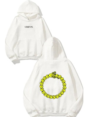 Urbvn Snake Smiley Tasarım Baskılı Oversize Beyaz Kapüşonlu Sweatshirt