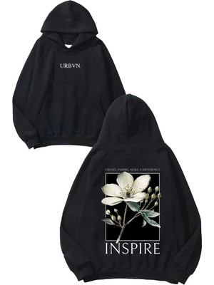 Urbvn Inspire Tasarım Baskılı Oversize Siyah Kapüşonlu Sweatshirt