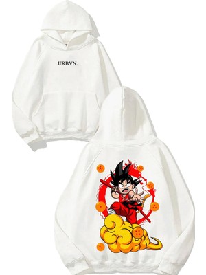 Urbvn Anime Orange Tasarım Baskılı Oversize Beyaz Kapüşonlu Sweatshirt