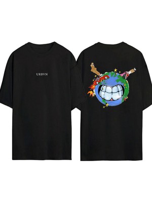 Urbvn Worldz Tasarım Baskılı Siyah Oversize T Shirt