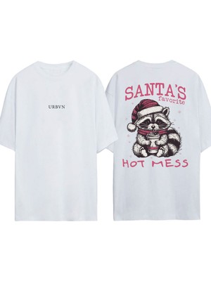 Urbvn Santa's Tasarım Baskılı Beyaz Oversize T-Shirt