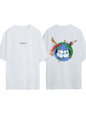 Urbvn Worldz Tasarım Baskılı Beyaz Oversize T-Shirt