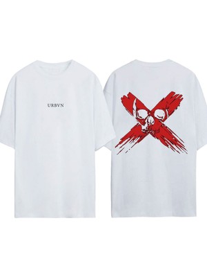 Urbvn x Skull Tasarım Baskılı Beyaz Oversize T-Shirt