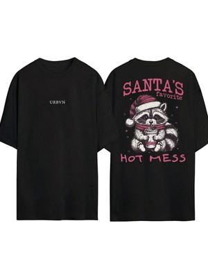Urbvn Santa's Tasarım Baskılı Siyah Oversize T Shirt