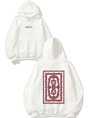 Urbvn Rug Tasarım Baskılı Oversize Beyaz Kapüşonlu Sweatshirt