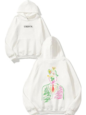 Urbvn Adam Çizim Tasarım Baskılı Oversize Beyaz Kapüşonlu Sweatshirt