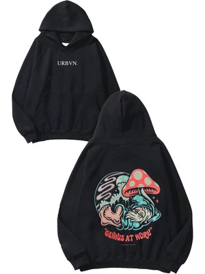 Urbvn Genius At Work Tasarım Baskılı Oversize Siyah Kapüşonlu Sweatshirt