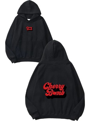 Urbvn Cherry Bomb Tasarım Baskılı Oversize Siyah Kapüşonlu Sweatshirt