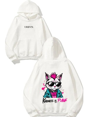 Urbvn Kindness Is Punk Tasarım Baskılı Oversize Beyaz Kapüşonlu Sweatshirt