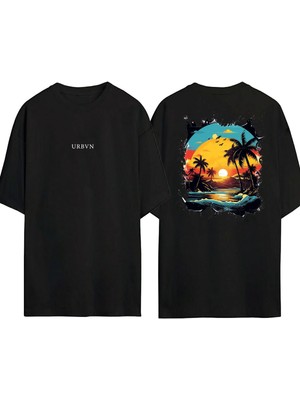Urbvn Beach Tasarım Baskılı Siyah Oversize T Shirt