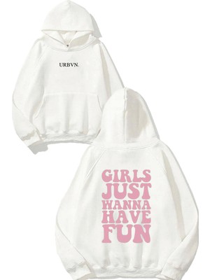 Urbvn Girls Wanna Fun Tasarım Baskılı Oversize Beyaz Kapüşonlu Sweatshirt