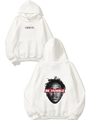 Urbvn Be Humble Tasarım Baskılı Oversize Beyaz Kapüşonlu Sweatshirt