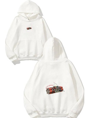 Urbvn Timer Bomb Tasarım Baskılı Oversize Beyaz Kapüşonlu Sweatshirt