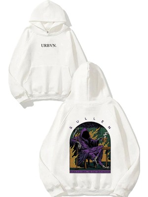 Urbvn Sullen Purple Tasarım Baskılı Oversize Beyaz Kapüşonlu Sweatshirt