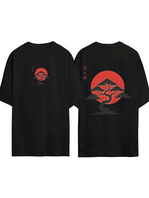 Urbvn Japan Tree 1 Tasarım Baskılı Siyah Oversize T Shirt