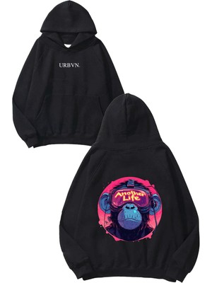 Urbvn Another Life Tasarım Baskılı Oversize Siyah Kapüşonlu Sweatshirt