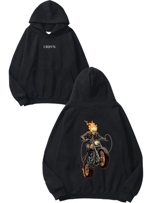 Urbvn Ghost Rider Tasarım Baskılı Oversize Siyah Kapüşonlu Sweatshirt