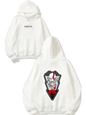Urbvn Ragnar 1 Tasarım Baskılı Oversize Beyaz Kapüşonlu Sweatshirt