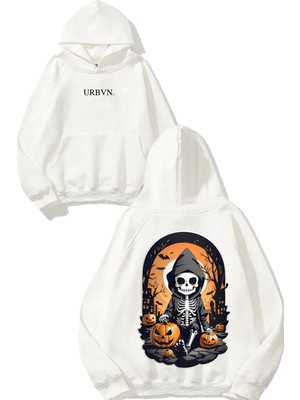 Urbvn Halloween Pumpkin Tasarım Baskılı Oversize Beyaz Kapüşonlu Sweatshirt