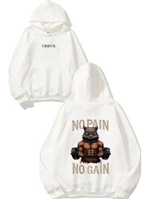 Urbvn No Pain Lift Tasarım Baskılı Oversize Beyaz Kapüşonlu Sweatshirt