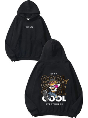 Urbvn Cool Monkey Tasarım Baskılı Oversize Siyah Kapüşonlu Sweatshirt