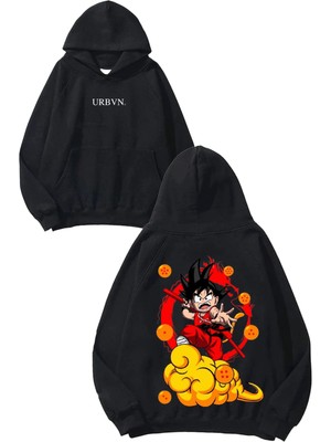 Urbvn Anime Orange Tasarım Baskılı Oversize Siyah Kapüşonlu Sweatshirt