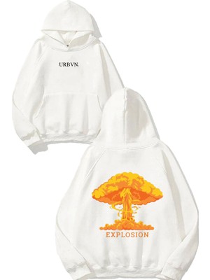 Urbvn Explosion Tasarım Baskılı Oversize Beyaz Kapüşonlu Sweatshirt