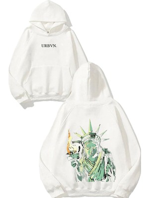 Urbvn Liberty Heykel Tasarım Baskılı Oversize Beyaz Kapüşonlu Sweatshirt