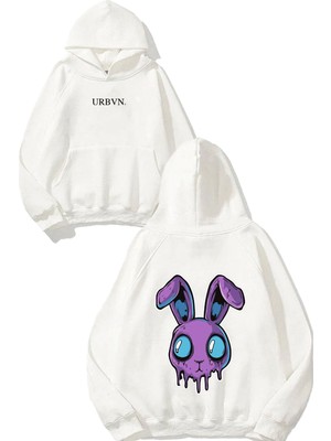 Urbvn Rabbit Head Tasarım Baskılı Oversize Beyaz Kapüşonlu Sweatshirt