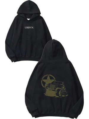 Urbvn War Car Tasarım Baskılı Oversize Siyah Kapüşonlu Sweatshirt