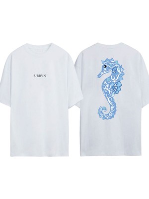 Urbvn Deniz Atı Tasarım Baskılı Beyaz Oversize T-Shirt