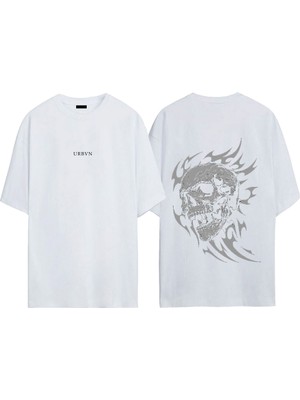Urbvn Fire Skull Tasarım Baskılı Beyaz Oversize T-Shirt