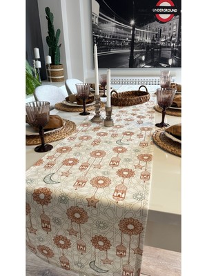Özbience Ramazan Temalı Kahverengi Ekru Fener Desenli Şık Runner