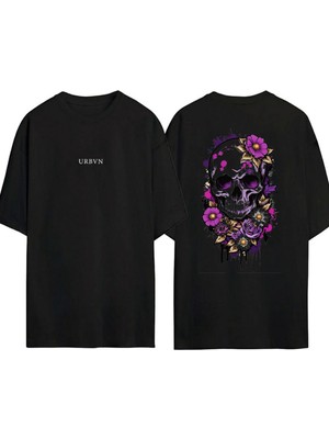Urbvn Skulls Flowers Tasarım Baskılı Siyah Oversize T Shirt