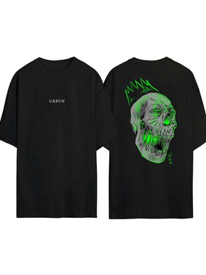 Urbvn Green Skulls Tasarım Baskılı Siyah Oversize T Shirt