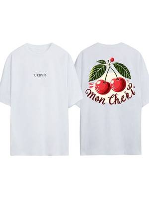 Urbvn Mon Cherry Tasarım Baskılı Beyaz Oversize T-Shirt