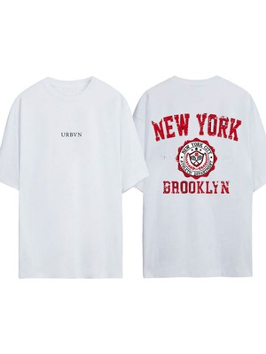 Urbvn Newyork Brooklyn Tasarım Baskılı Beyaz Oversize T-Shirt