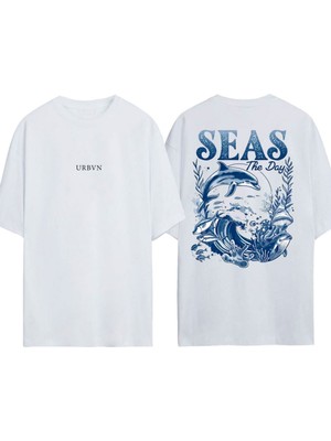 Urbvn Seas Day Tasarım Baskılı Beyaz Oversize T-Shirt