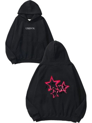 Urbvn Im Star Tasarım Baskılı Oversize Siyah Kapüşonlu Sweatshirt
