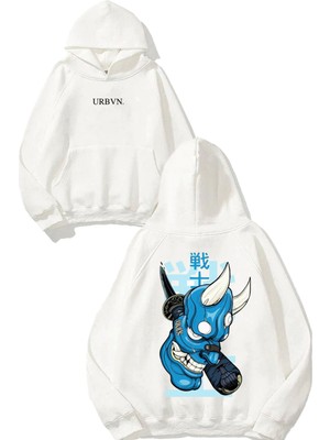 Urbvn Blue Demon Tasarım Baskılı Oversize Beyaz Kapüşonlu Sweatshirt