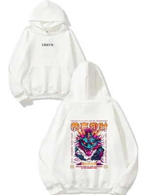 Urbvn New Year Dragon Tasarım Baskılı Oversize Beyaz Kapüşonlu Sweatshirt